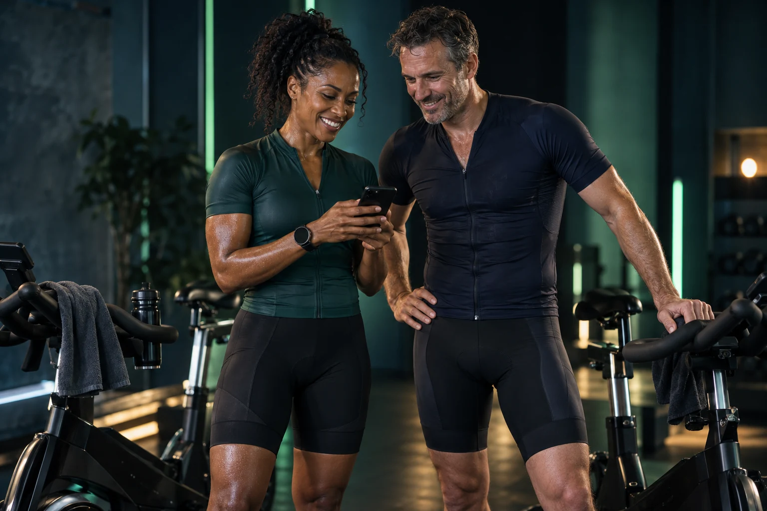 A woman and a man in cycling kit sharing a smile over their class playlist